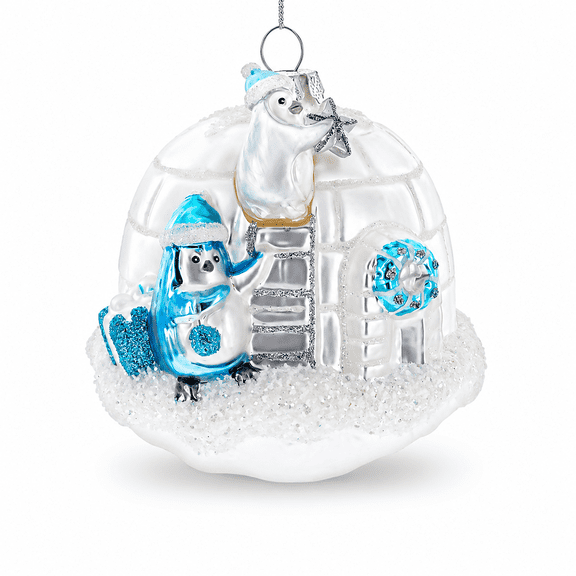 Penguins Decorating Igloo Glass Christmas Ornament
