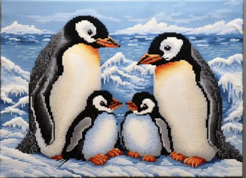 Penguins Family Latch Hook Rug Kit for Adults Easy Carpet Cushion with Printed Canvas Crochet Yarn Craft DIY Hooking Tapestry for Home Floor Decoration Pets Pads 60x40cm