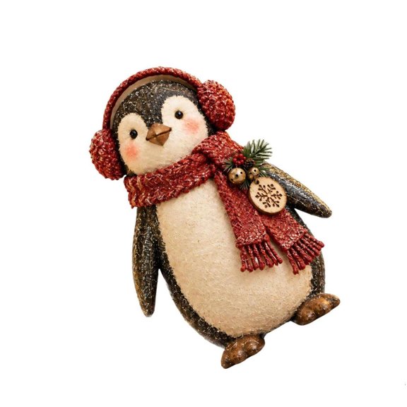 Penguins Figurines Christmas Penguins Statues Animal Sculptures with a Red Winter Wrap and Textured Finish for Shelf, Entryway, TV Stand, or Counter Displays