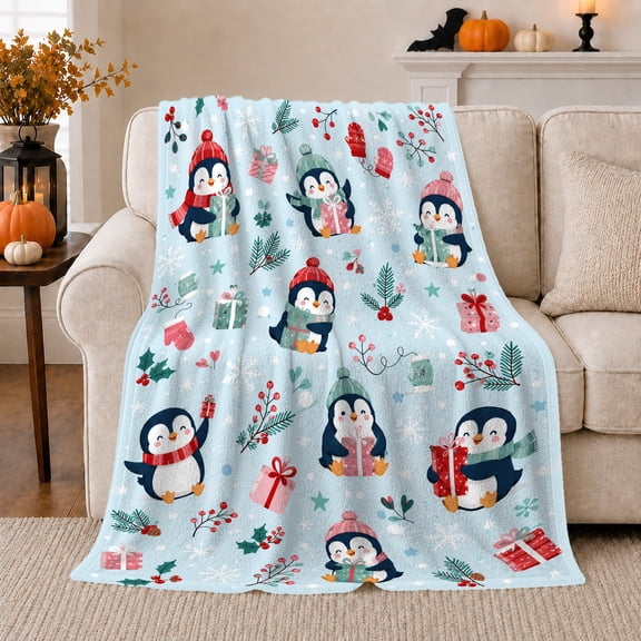 Penguins Gifts Holiday Scene Festive Cartoon, Festive Holiday Scene, Warm Flannel Blanket for Living Room and Family Room, Art Lovers Christmas Gift, Festive Home Decor