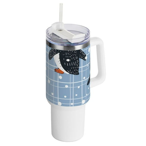 Penguins Grids 40 oz Tumbler with Handle Insulated Travel Mug Lid Straw Leak Proof Steel Vacuum Water Bottles Glasses Fits in Car Cup Holder