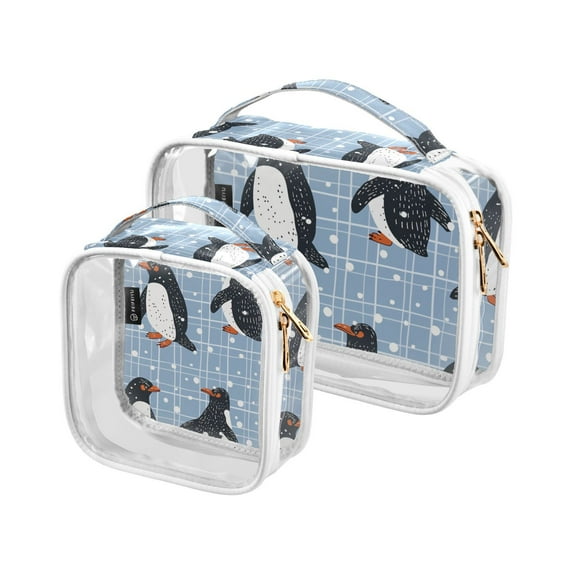 Penguins Grids Clear Cosmetic Bags with Handles PVC Toiletry Bags Zipper Waterproof Portable for Traveling 2 Pcs