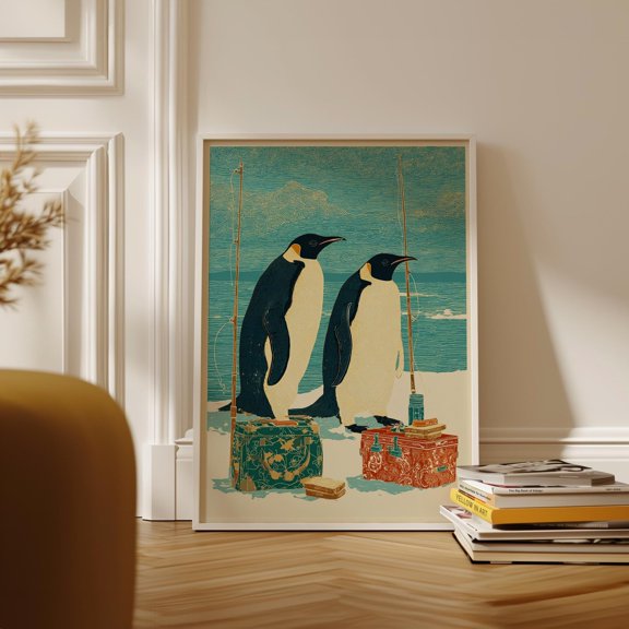 Penguins Ice Fishing Poster, Woodblock Style Print, Poster Only