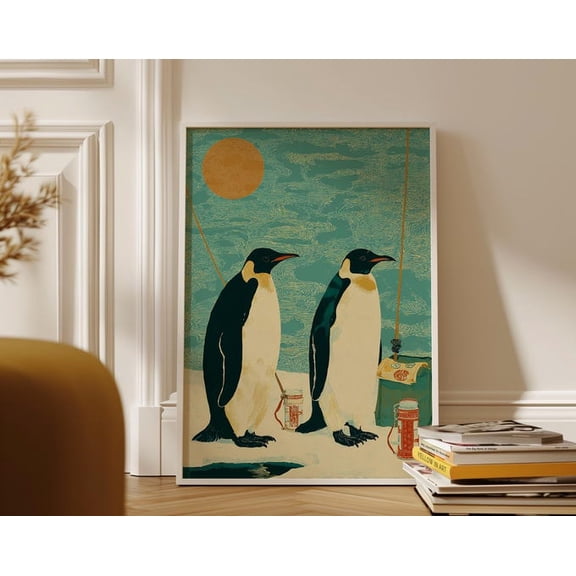 Penguins Ice Fishing Woodblock Style Wall Art Print, Unframed Paper Poster 24x36in