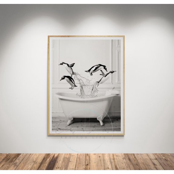 Penguins In Bathtub Bathroom Wall Print, Unframed Paper Poster 8x10in