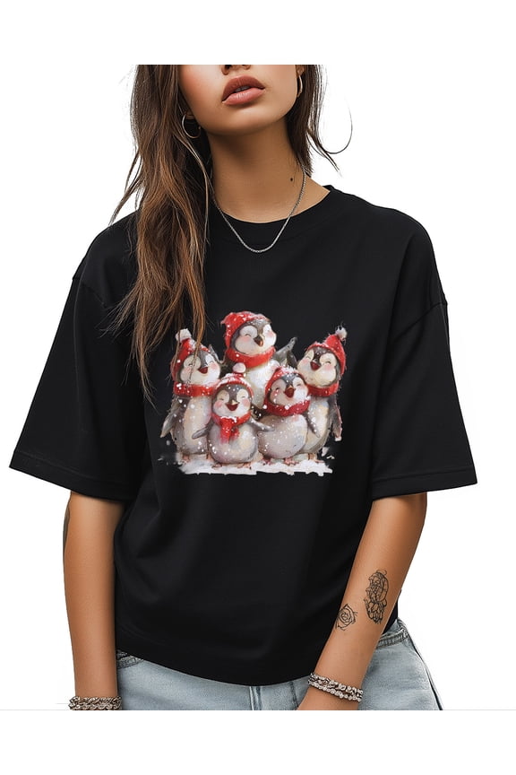 Penguins In The Snow T Shirts for Women Short Sleeve Cotton Crewneck T-Shirt Abstract Cute Animal Tee Tops Casual Basic T-Shirts, XS-5XL Black XS