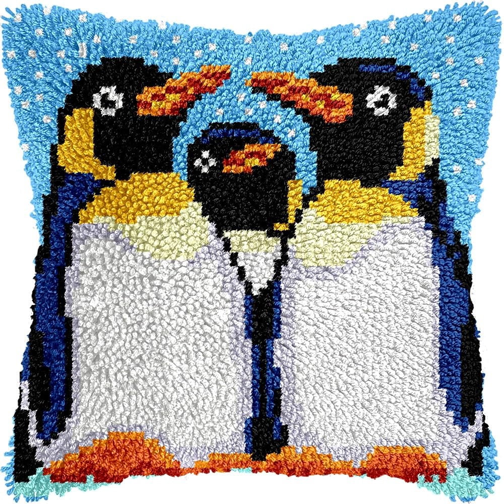 Penguins Latch Hook Kits Pillow kits Cushion Throw Pillow Embroidery Craft Kits DIY Kits of DIY Hooking Pillowcase Cover Supplier with Color Printed Canvas 43x43cm (246)