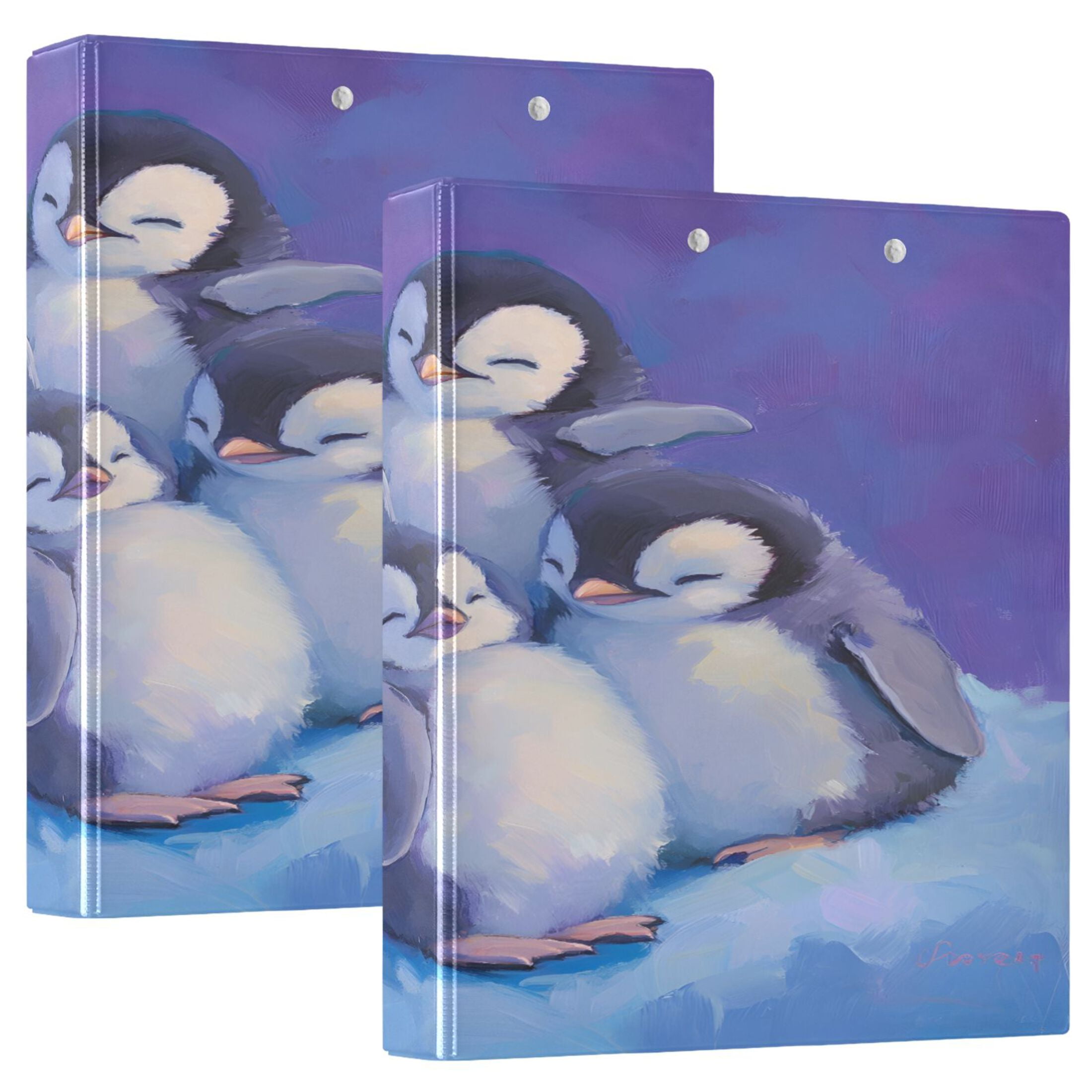Penguins Plush Absorbent 12.4x10.6in PVC Round Ring Binder, D-Ring 3-Hole, Metal Clip, 200 Sheets