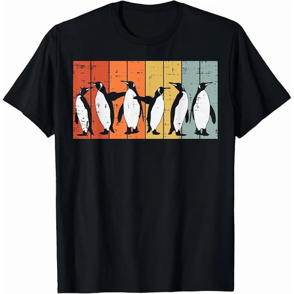 Penguins Retro Stripes Antarctic Bird Kids Men Gift Unisex T-Shirt, up to Size 5XL