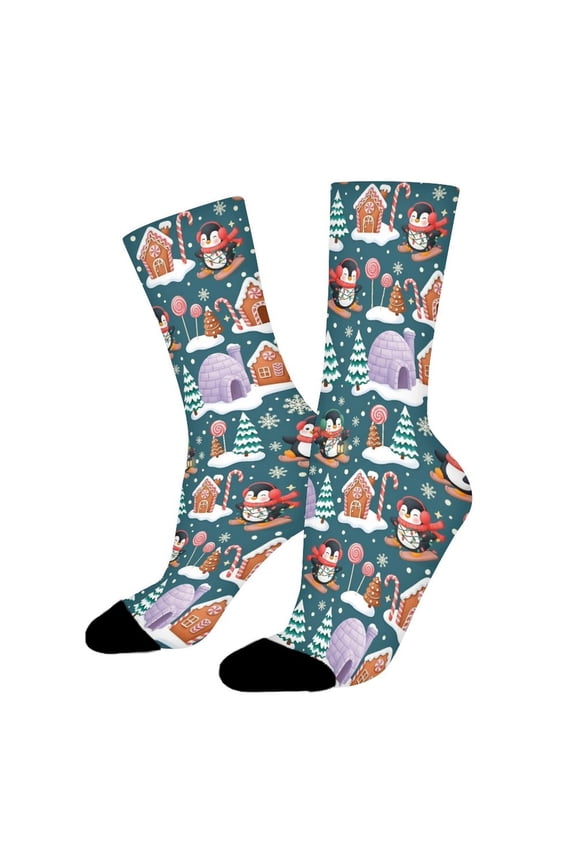 Penguins Snow Village Funny Novelty Crew Socks for Women Men Sports