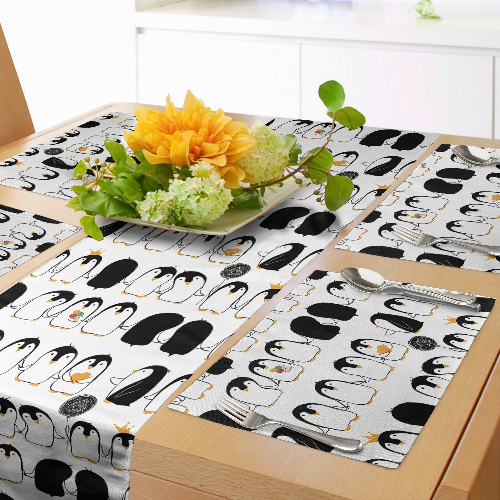 Penguins Table Runner & Placemats, Themed Cartoon Arctic Animals