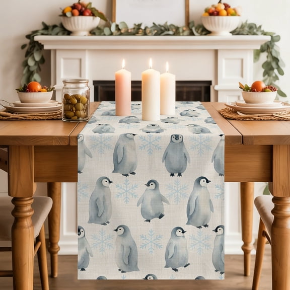 Penguins Table Runner, Winter Animal Snowflake Nature Washable Cotton-linen Table Runners Dining Kitchen Decoration for Everyday Home Wedding Party Decor, 18 x72 Inch