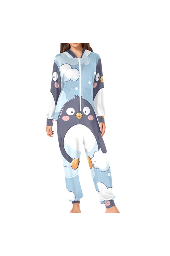 Penguins and Clouds Cartoon Adult's Hoodie Onesie Jumpsuit One-Piece Pajamas with Zipper Unisex for Holiday M