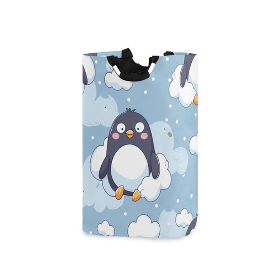 Penguins and Clouds Cartoon Laundry Basket with Handles Foldable Laundry Hamper Freestanding Washing Bin 50L
