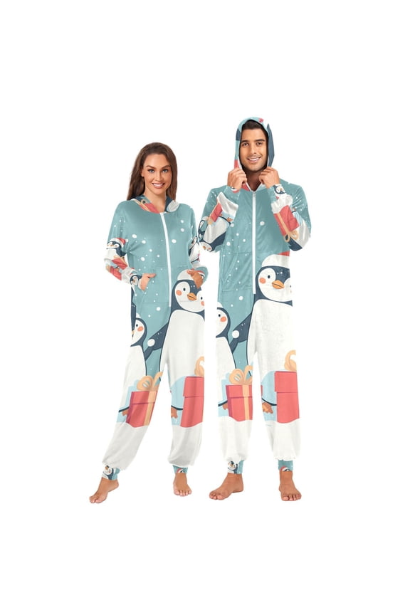 Penguins and Gifts Adult Onesie Pajamas Slim Fit Christmas One Piece Suit Pjs for Women and Men Hooded Zipper