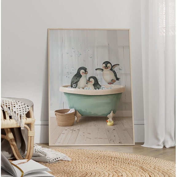 Penguins in Bathtub Wall Art, Cute Nursery Bathroom Animal Decor, Unframed Paper Print Size 8x12