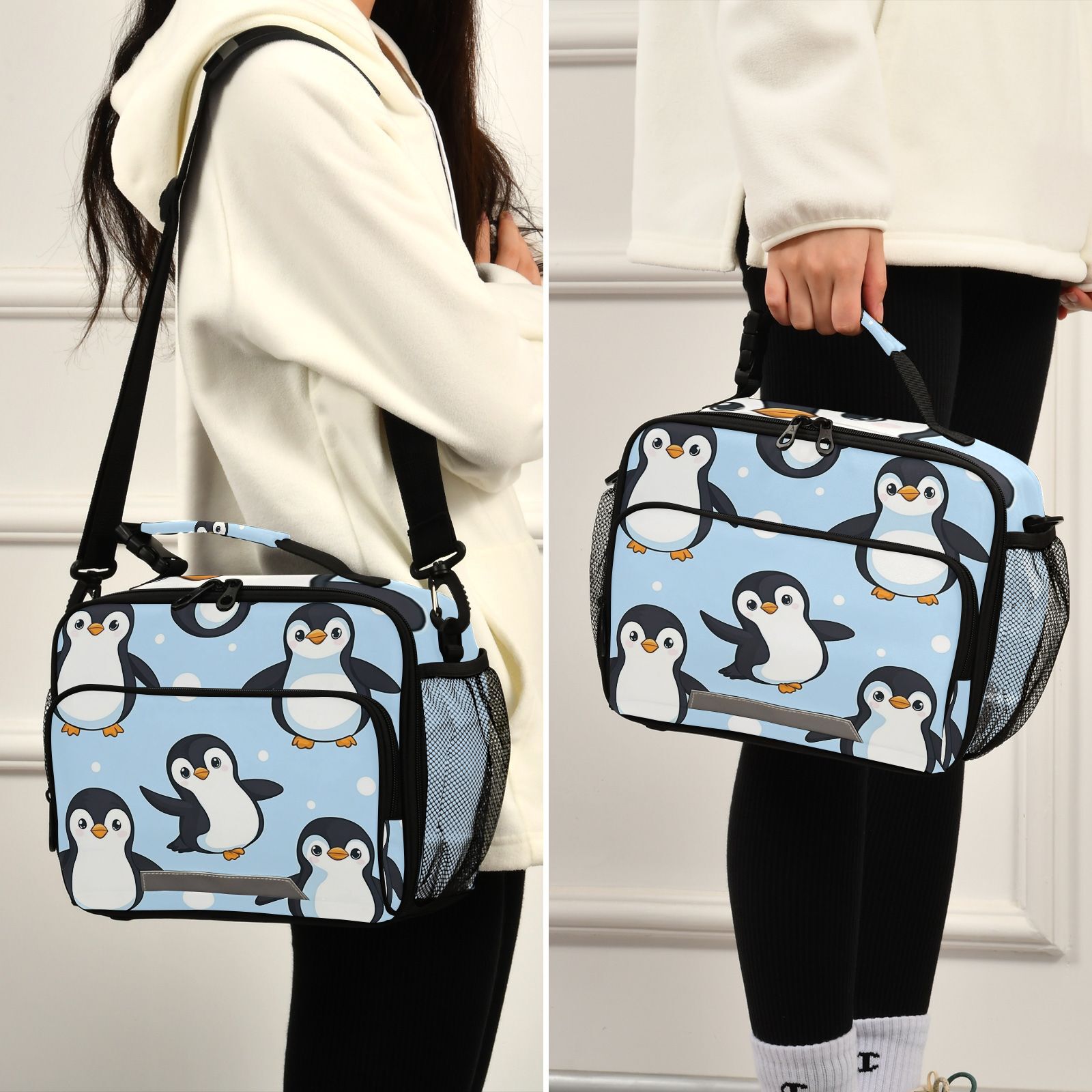 Penguins in Blue Lunch Bag Cooler Bag Cooling Tote Portable Shoulder Strap Interior Pockets for Picnic Travel