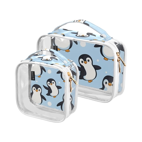 Penguins in Blue Makeup Bags Set Travel Toiletry Bags Portable Cosmetic Bags Organizer Waterproof 2 Packs