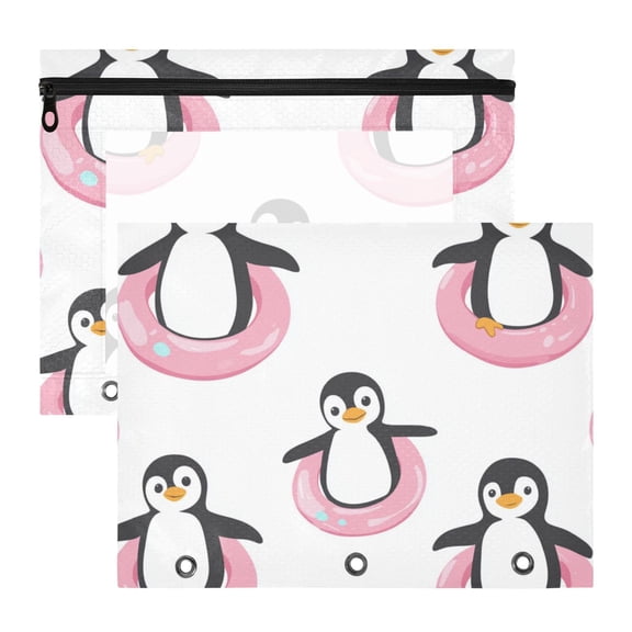 Penguins in Pink Swim Circles 3-Ring Binder Pouches A4 Size Zipper Pocket File Storage 2 Packs