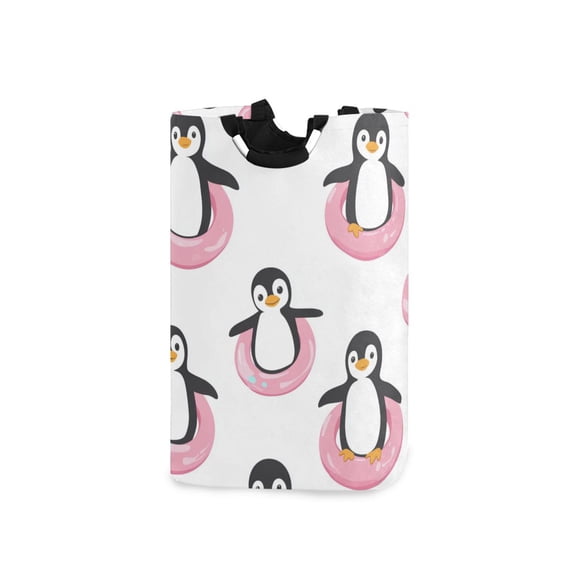 Penguins in Pink Swim Circles Laundry Basket with Handles Foldable Laundry Hamper Freestanding Washing Bin 50L
