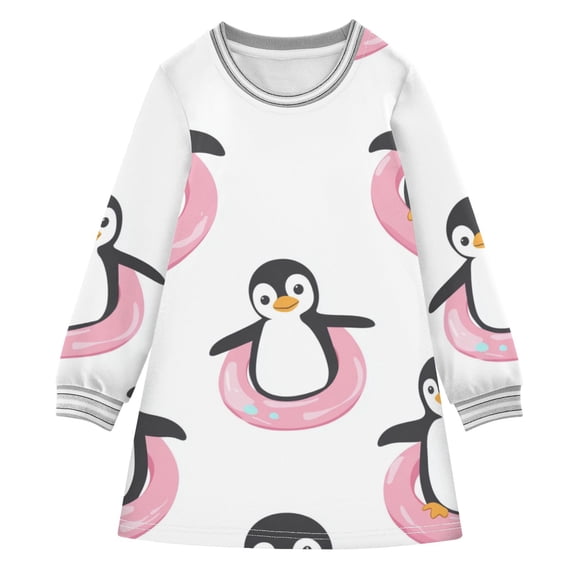Penguins in Pink Swim Circles Long-sleeved Dress A-line One-Piece Dress for 2-8 Years Casual Party 7-8Y