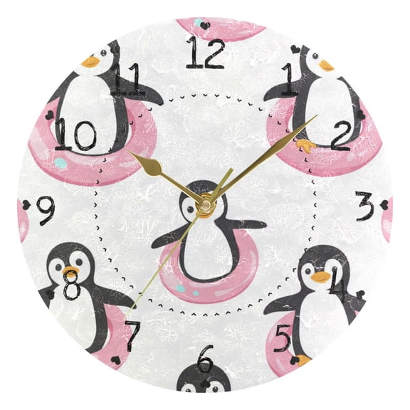 Penguins in Pink Swim Circles Round Wall Clock Silent Analog Battery Operated Gold Pointer Home Decor 9.84" Diameter
