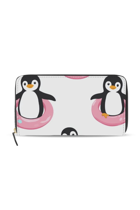 Penguins in Pink Swim Circles Women's Long Zipper Wallet Bifold Clutch Purse PU Leather Card Cases