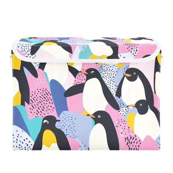 Penguins on Colorful Background Large Storage Bins with Linen Collapsible Lid Storage Box 16.7 x 12.6 x 11.8in
