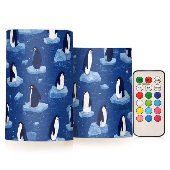 Penguins on Ice Flickering Flameless Candles Battery Operated with Remote Timer LED Pillar Candles Set of 2