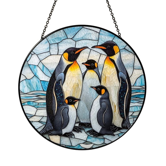 Penguins on Ice Glass Suncatcher Window Hanging, Ocean Winter Scene Decor for Home