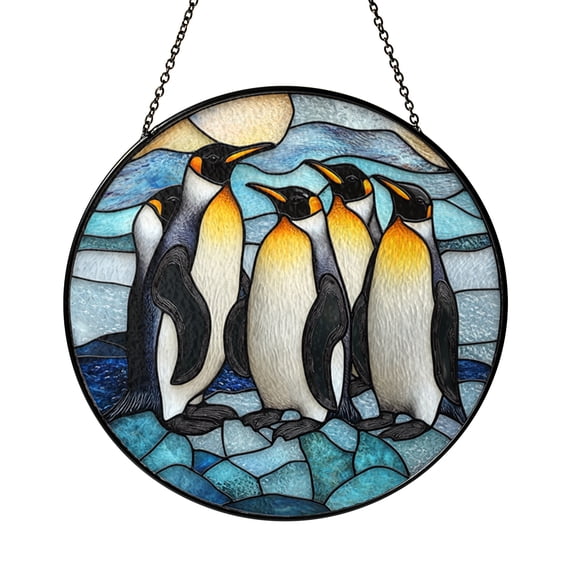 Penguins on Ice Stained Glass Suncatcher, Window Hanging Ornament, Christmas Winter Home Decor, Gift for Mom or Nature Lovers