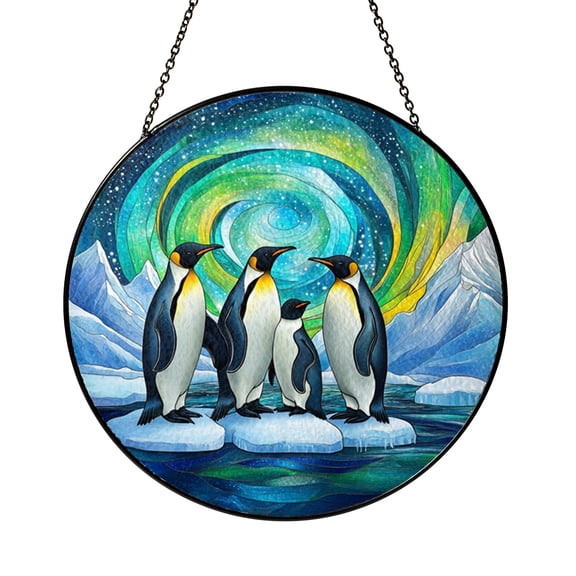 Penguins on Ice Stained Glass Suncatcher, Winter Ocean Window Decor Gift