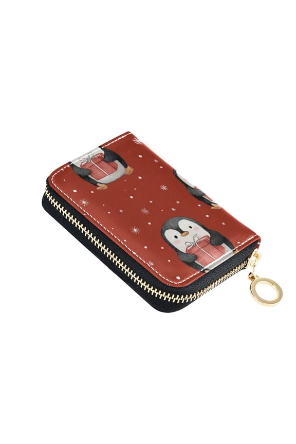 Penguins with Christmas Presents Cartoon Women's Credit Card Holder PU Leather Zipper Wallet RFID Blocking