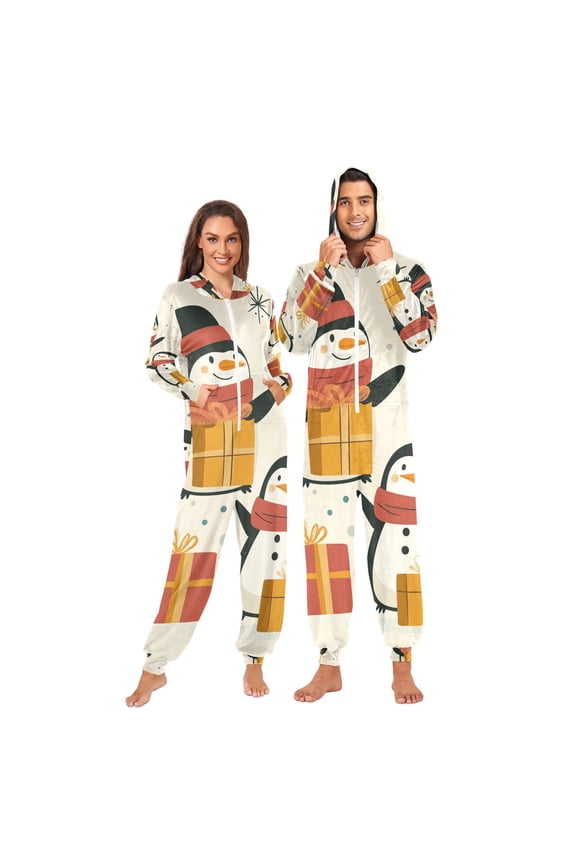 Penguins with Gifts Adult Onesie Pajamas Slim Fit Christmas One Piece Suit Pjs for Women and Men Hooded Zipper