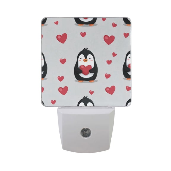 Penguins with Hearts Valentine Vector LED Night Light Sensor Lamp Plug-in Adjustable Brightness 2 Pack