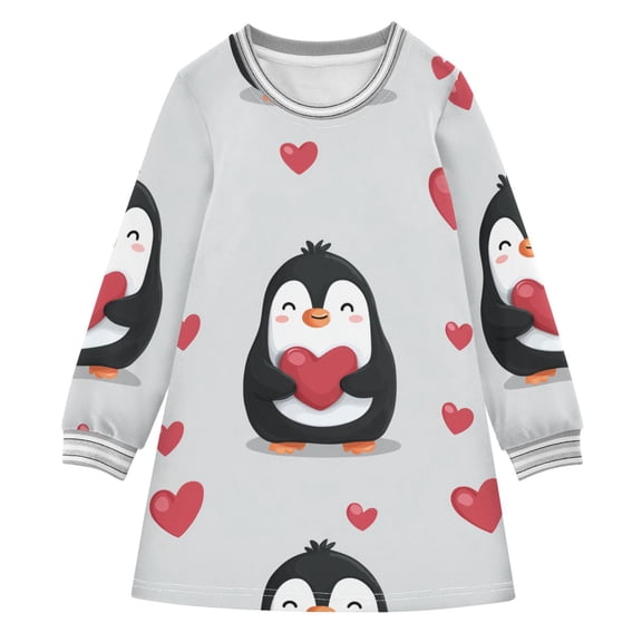 Penguins with Hearts Valentine Vector Long-sleeved Dress A-line One-Piece Dress for 2-8 Years Casual Party 5-6Y