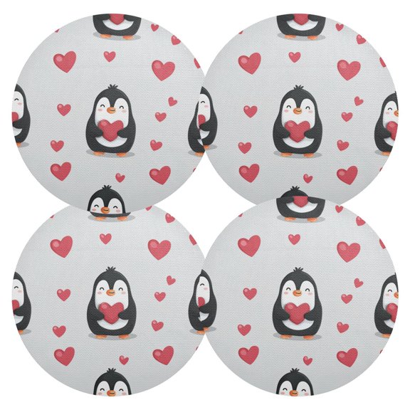 Penguins with Hearts Valentine Vector PVC Round Grid Placemat Table Mat Set 4 Pcs 15.4" x 15.4"