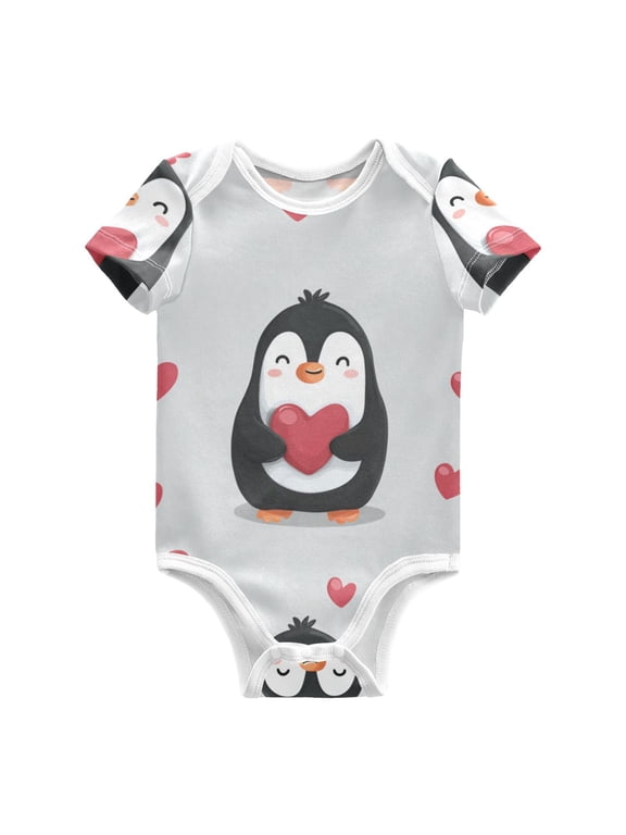 Penguins with Hearts Valentine Vector Pure Cotton Bodysuit Short Sleeve Pajamas One-Piece Romper Unisex 3 Months