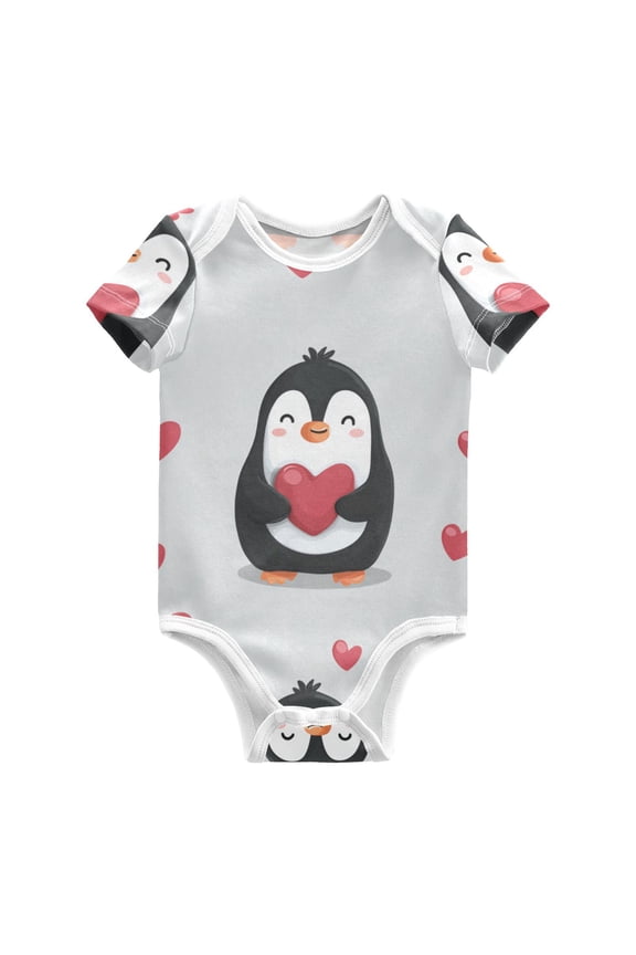 Penguins with Hearts Valentine Vector Pure Cotton Bodysuit Short Sleeve Pajamas One-Piece Romper Unisex 9M