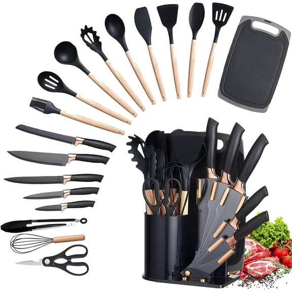 Peniguingy Cooking Utensils Set, 19 Pieces Silicone Kitchen Utensil Set with Holder Super Sharp Stainless Steel Kitchen Knife Set and Kitchen Tool Set, Home & Kitchen Accessories Cookware Set