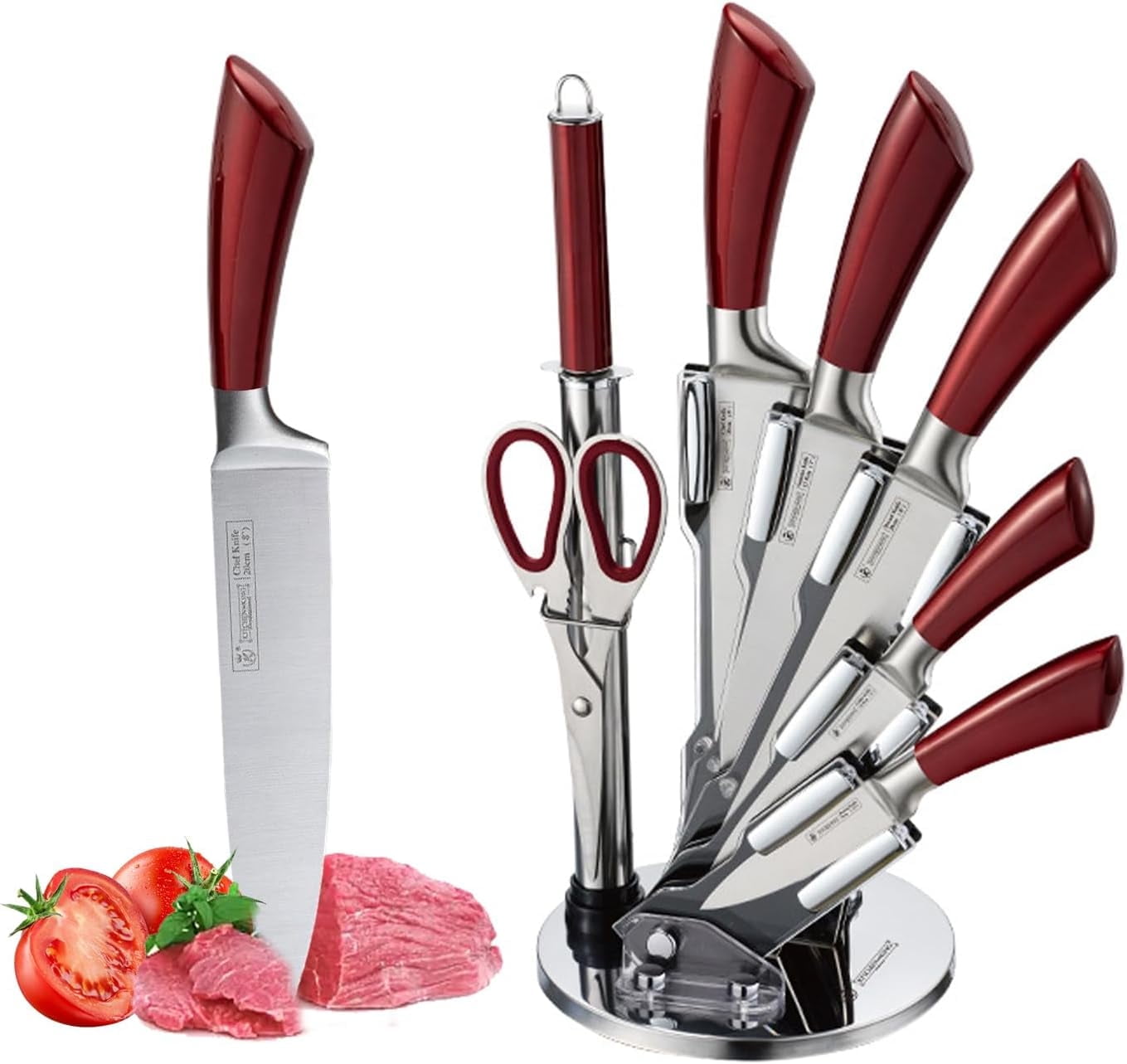 Peniguingy Kitchen Knife Set, 8-Pieces Red Chef Knife Set with Acrylic Block, Non-stick & Non-slip Stainless Steel Sharp Knife Set for Restaurant Home Cooking, Gifts for Women Men Mom Wife Girl (Red)