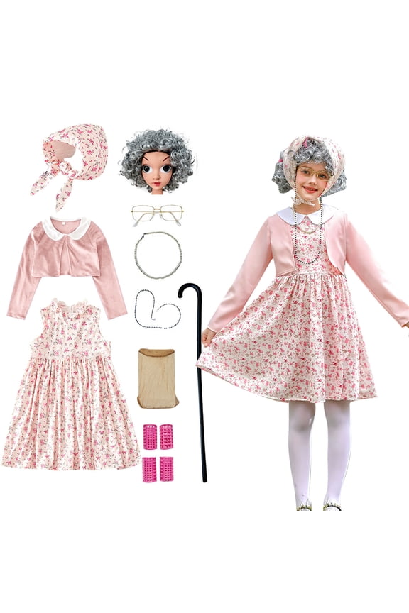 100 Days of School Old Lady Clothing for Kids 100th Grandma Granny Dress up for Girls 4-5Years Pink