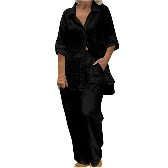 Penkiiy 2 Piece Cotton Linen Outfits for Women Summer Dressy Business Work Suits Streetwear Button Down Tops and Pants Suit XL Black