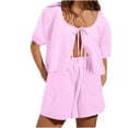 thumbnail image 1 of Penkiiy 2 Piece Shorts Set for Women Summer Open Front Tie Up Crop Tops Short Sleeve Striped Shorts Outfits Casual Lounge Set L Purple, 1 of 7