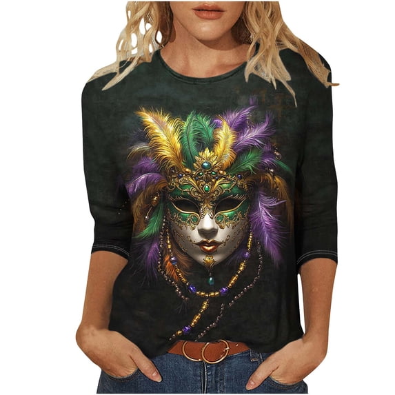 Penkiiy 2024 Blouse Mardi Gras Tops for Women Daily Tshirt 3/4 Sleeve Blouse Mask Print Top Carnival O Neck Casual Shirt 2XL Multicolor
