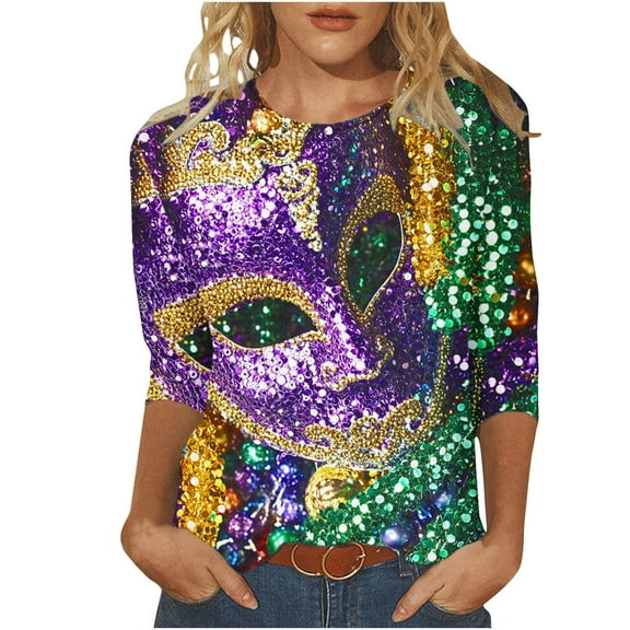 Penkiiy 2024 Blouse Mardi Gras Tops for Women Daily Tshirt 3/4 Sleeve Blouse Mask Print Top Carnival O Neck Casual Shirt S Multicolor
