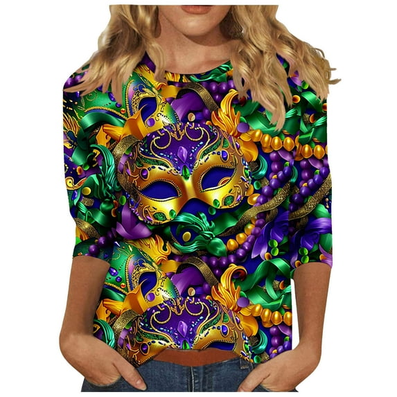 Penkiiy 2024 Blouse Mardi Gras Tops for Women Daily Tshirt 3/4 Sleeve Blouse Mask Print Top Carnival O Neck Casual Shirt XL Purple