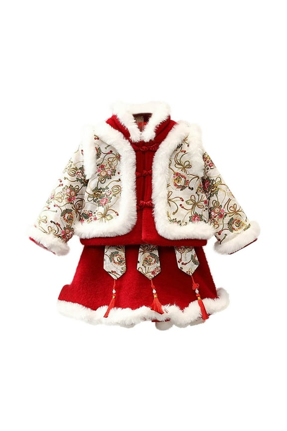 2024 Chinese Style Toddler Kids Boys Girls' Winter Buckle Embroidered Hanfu Dresses,Children's Tang Suit Chinese Style New Year's Clothing 3-4 Years Red