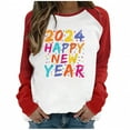 thumbnail image 1 of Penkiiy 2024 Happy New Year Women's Classic New Year Print Round Neck Long Sleeve Loose Round Neck Tops S Red, 1 of 4
