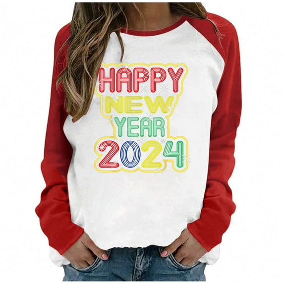 Penkiiy 2024 Happy New Year Women's Classic New Year Print Round Neck Long Sleeve Loose Round Neck Tops S Red